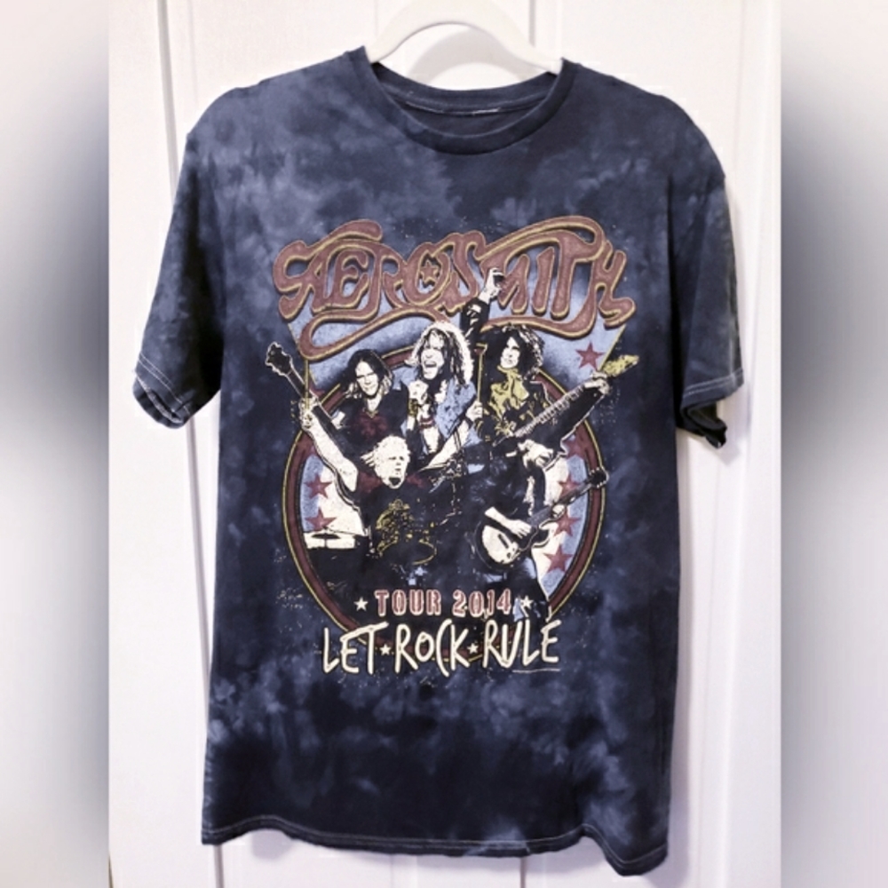 AEROSMITH T-shirt 2014 Tour Let Rock Rule Men's Medium Black Grey Tie-dye